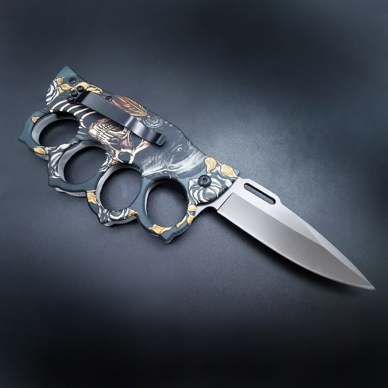 Folding Knife with 3D Ghost Head and Knuckle Duster