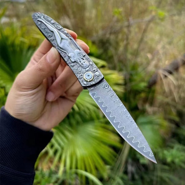 Vintage Handle Folding Knife with Premium Damascus Steel Blade