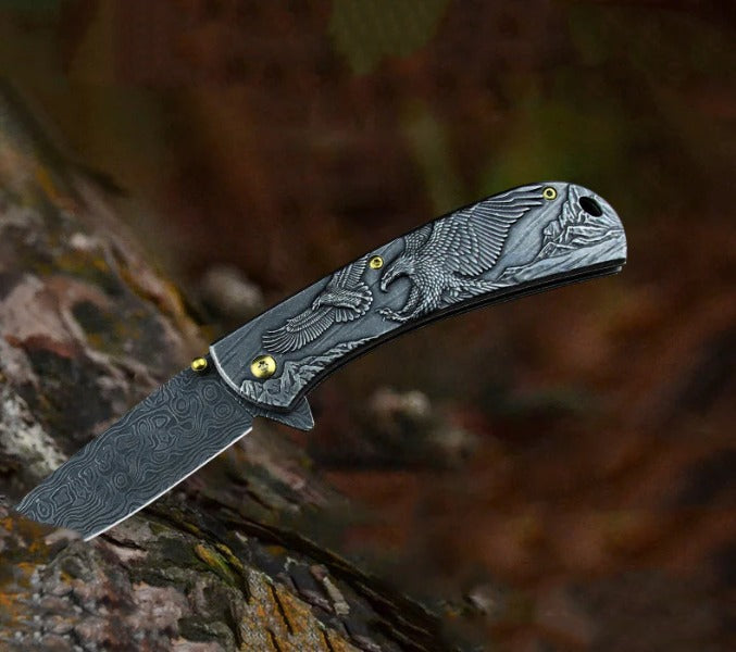 Sheep Eagle and Horse Pattern Handle Folding Knife for Hunting and Outdoor Use