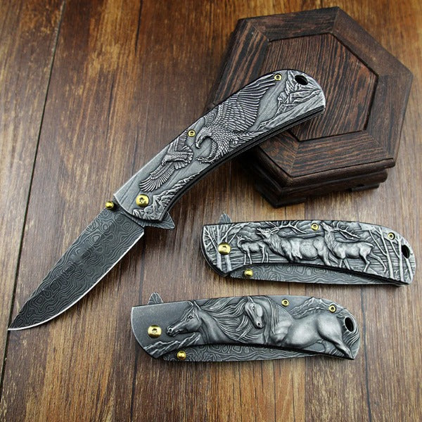 Sheep Eagle and Horse Pattern Handle Folding Knife for Hunting and Outdoor Use