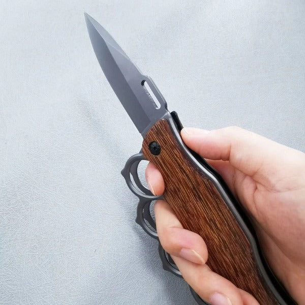 Outdoor Self Defense Folding Knife with Wooden Handle and Knuckle Protection