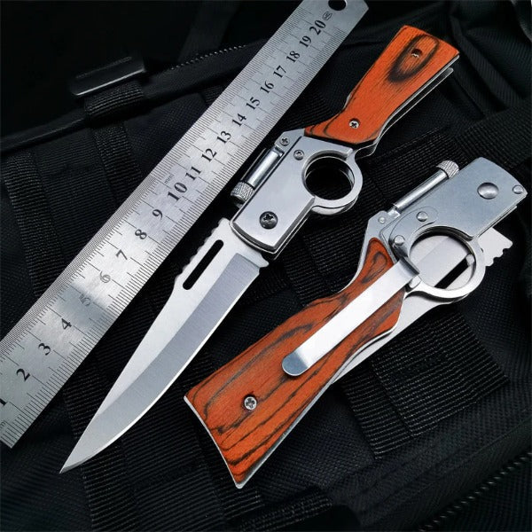 AK47-Themed Folding Knife with Elegant Wood Grain Handle