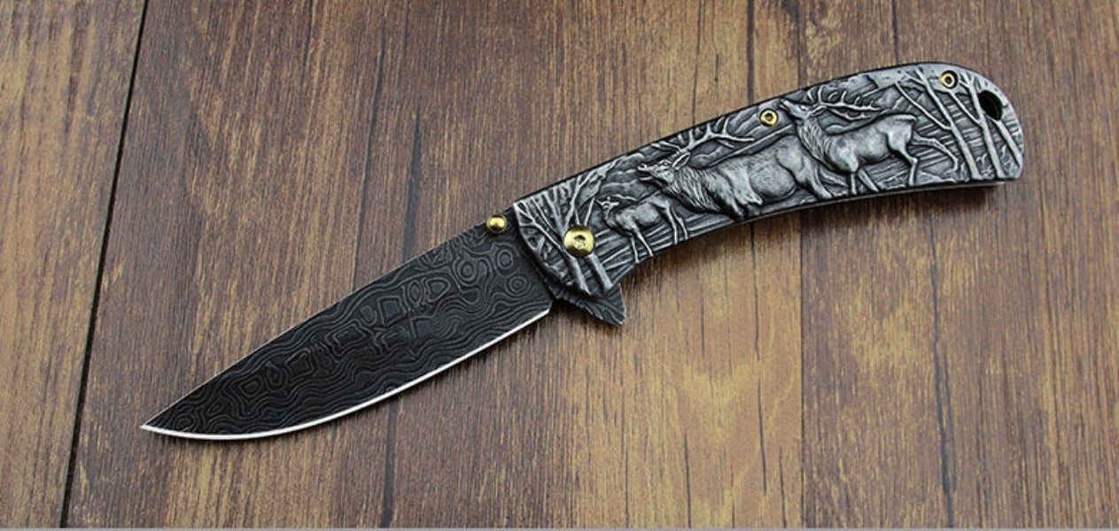 Sheep Eagle and Horse Pattern Handle Folding Knife for Hunting and Outdoor Use