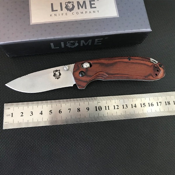 Liome Folding Knife for Tactical Use with Wood Handle and Stonewashed Blade