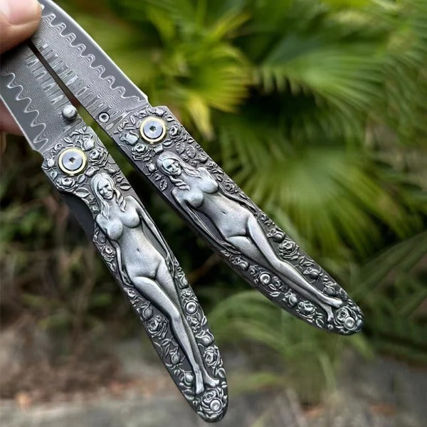 Vintage Handle Folding Knife with Premium Damascus Steel Blade