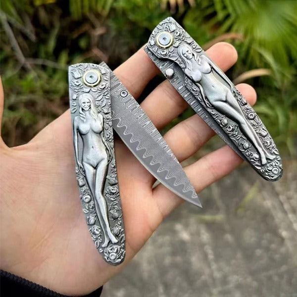 Vintage Handle Folding Knife with Premium Damascus Steel Blade