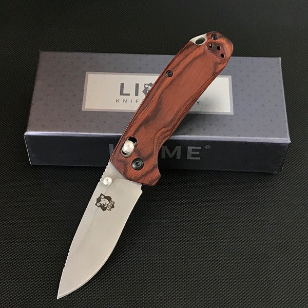 Liome Folding Knife for Tactical Use with Wood Handle and Stonewashed Blade