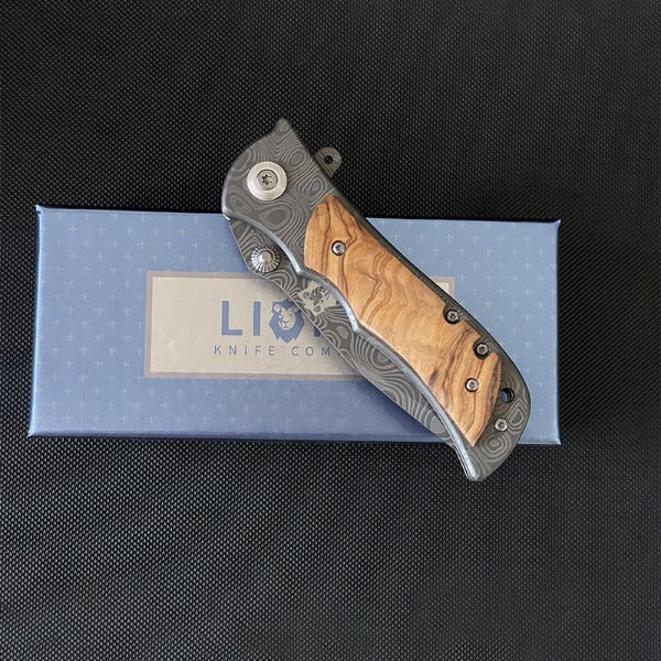 Liome Tactical Folding Knife with Damascus Grip for Outdoor Survival and EDC