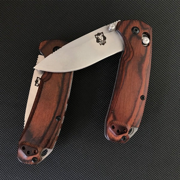 Liome Folding Knife for Tactical Use with Wood Handle and Stonewashed Blade