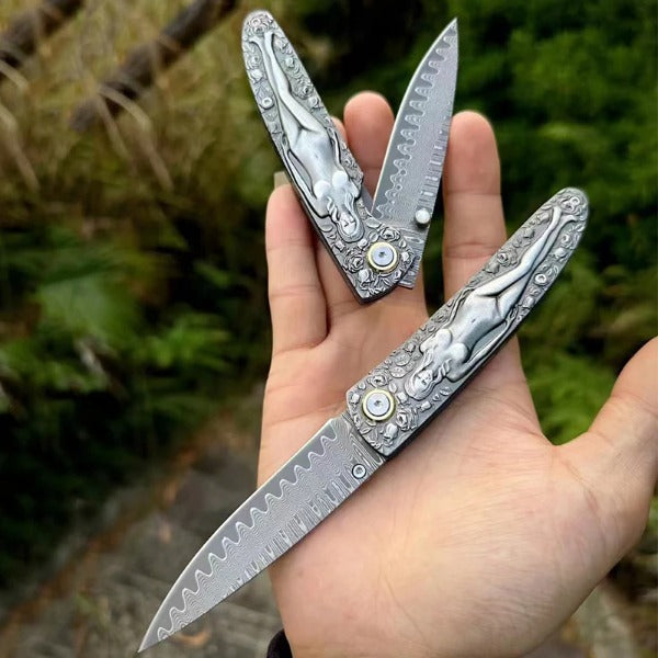 Vintage Handle Folding Knife with Premium Damascus Steel Blade