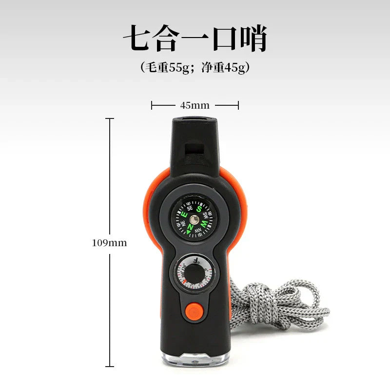 7-in-1 Outdoor MultiWhistle with Survival Features LED Compass and Thermometer