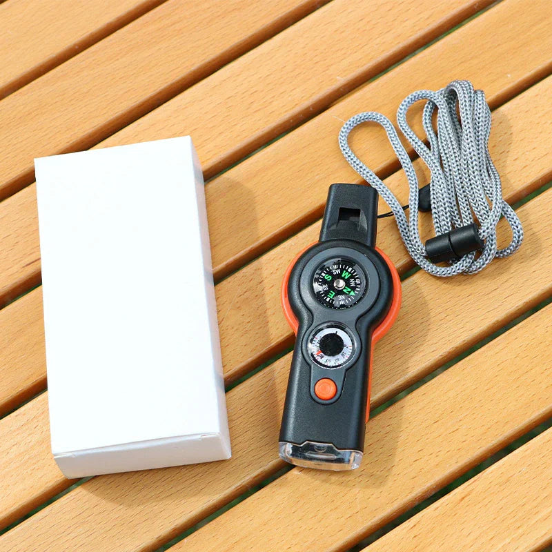 7-in-1 Outdoor MultiWhistle with Survival Features LED Compass and Thermometer