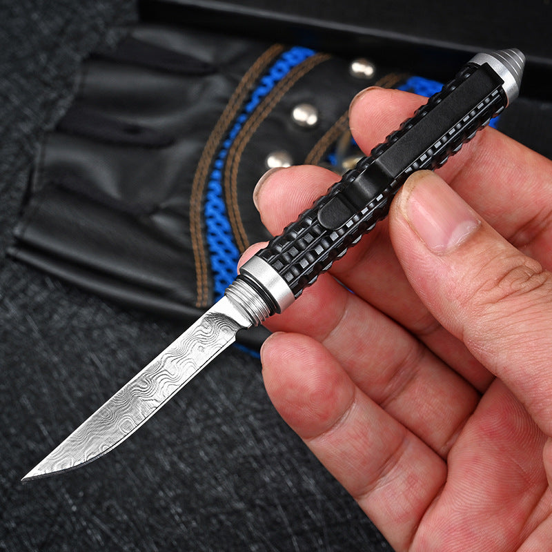 Wilderness Survival Mini Knife with Damascus Blade and Multifunctional Features