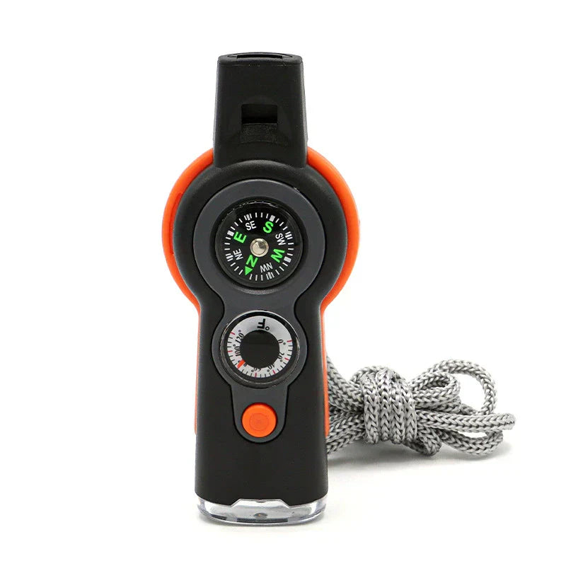 7-in-1 Outdoor MultiWhistle with Survival Features LED Compass and Thermometer