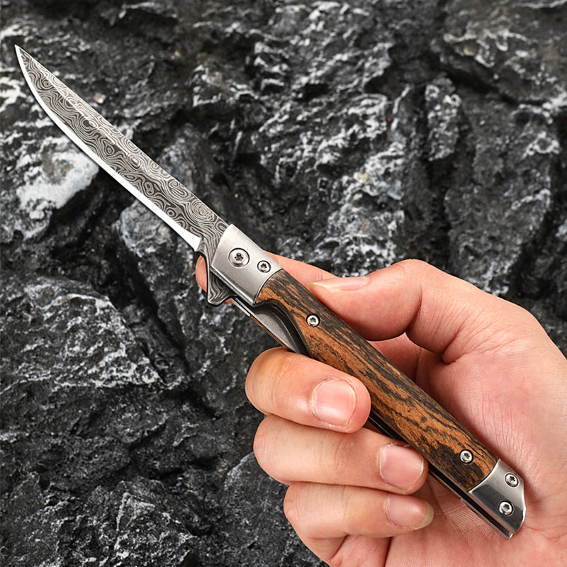 Outdoor Damascus Folding Knife with Stylish Wood Handle