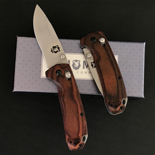 Liome Folding Knife for Tactical Use with Wood Handle and Stonewashed Blade