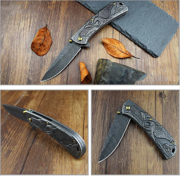 Sheep Eagle and Horse Pattern Handle Folding Knife for Hunting and Outdoor Use