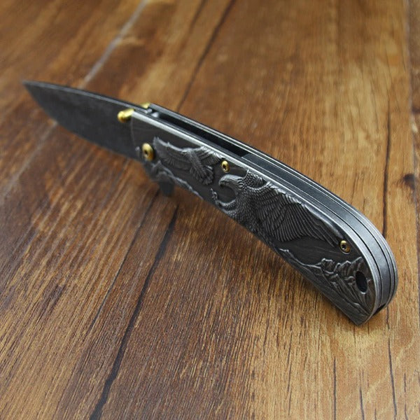 Sheep Eagle and Horse Pattern Handle Folding Knife for Hunting and Outdoor Use
