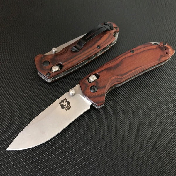 Liome Folding Knife for Tactical Use with Wood Handle and Stonewashed Blade