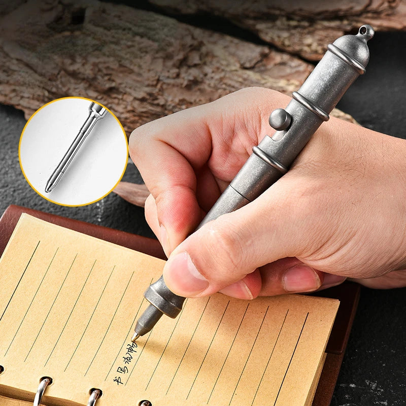 Tactical Pen in Titanium with Retro Pendant for EDC Enthusiasts