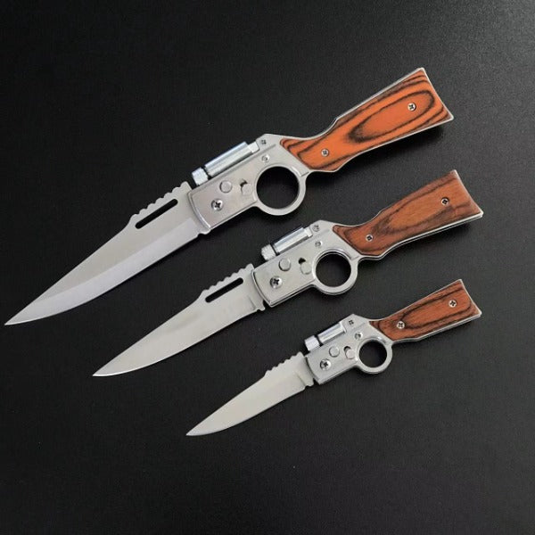 AK47-Themed Folding Knife with Elegant Wood Grain Handle