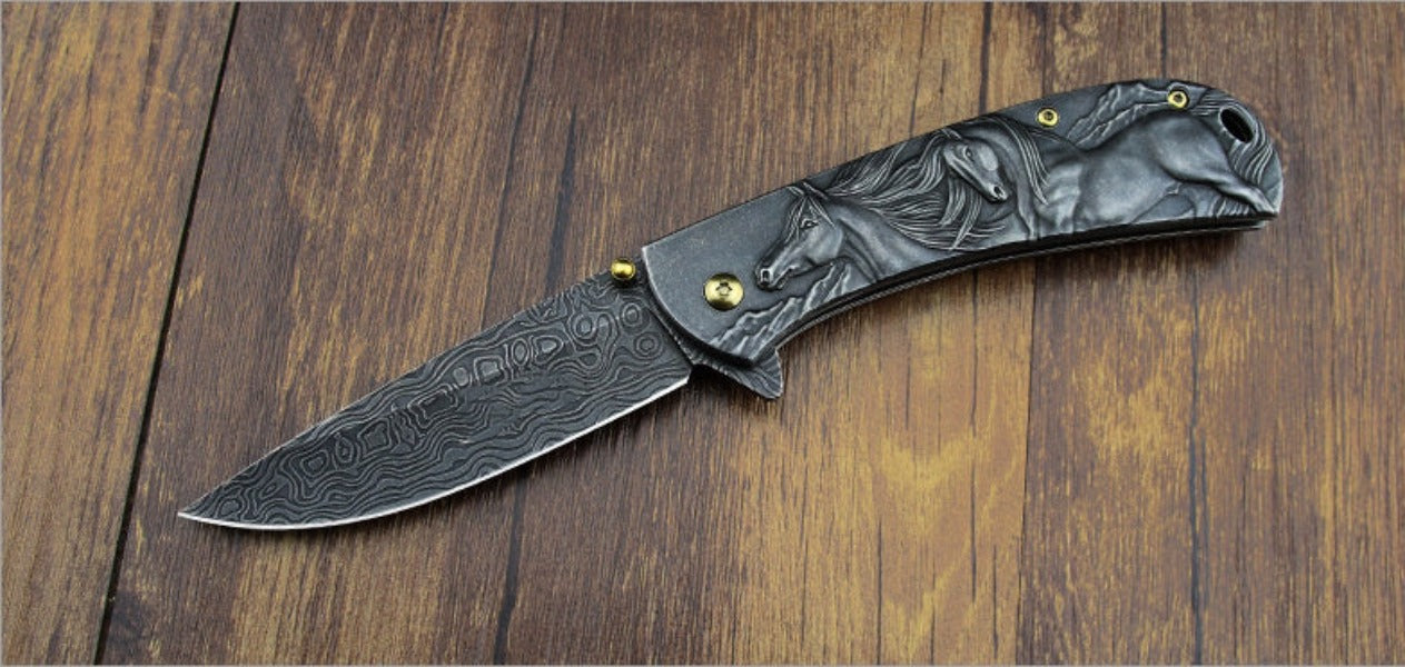 Sheep Eagle and Horse Pattern Handle Folding Knife for Hunting and Outdoor Use