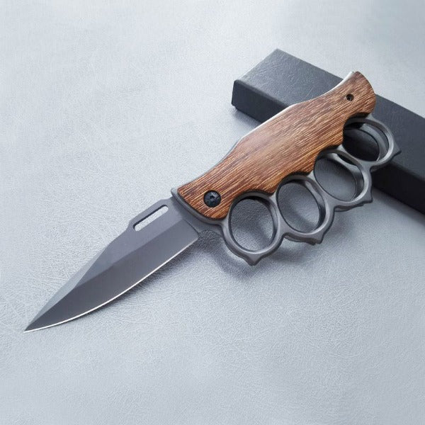 Outdoor Self Defense Folding Knife with Wooden Handle and Knuckle Protection