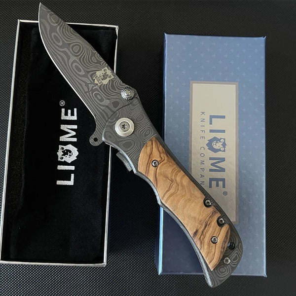 Liome Tactical Folding Knife with Damascus Grip for Outdoor Survival and EDC