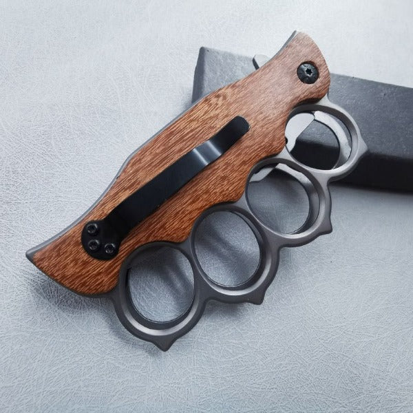 Outdoor Self Defense Folding Knife with Wooden Handle and Knuckle Protection
