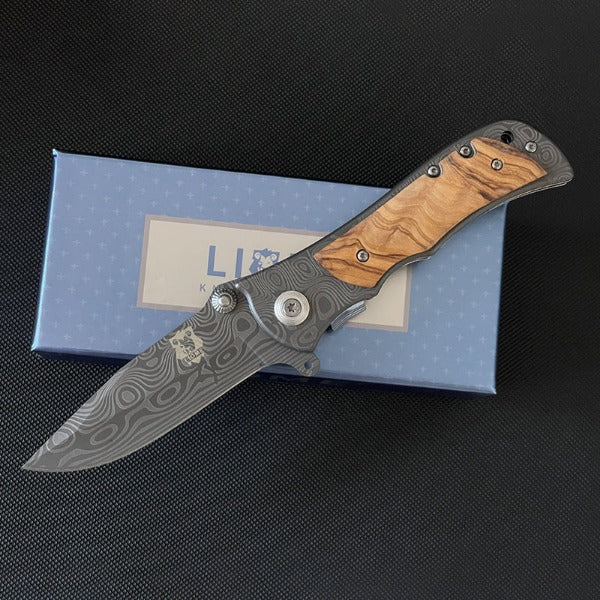 Liome Tactical Folding Knife with Damascus Grip for Outdoor Survival and EDC