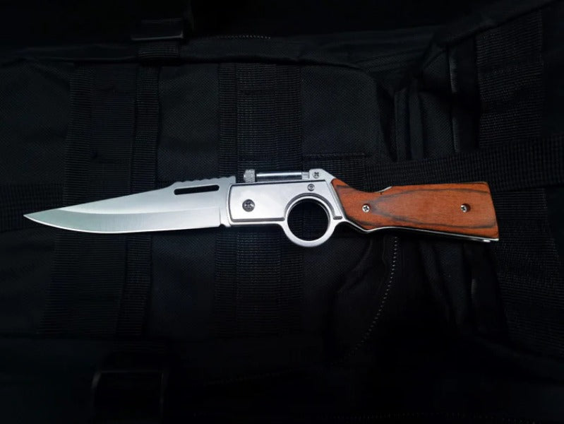 AK47-Themed Folding Knife with Elegant Wood Grain Handle