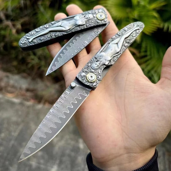 Vintage Handle Folding Knife with Premium Damascus Steel Blade
