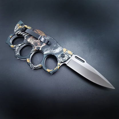 Folding Knife with 3D Ghost Head and Knuckle Duster