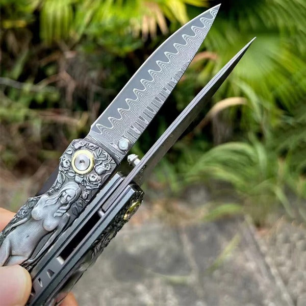 Vintage Handle Folding Knife with Premium Damascus Steel Blade