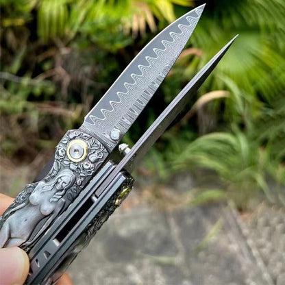 Vintage Handle Folding Knife with Premium Damascus Steel Blade