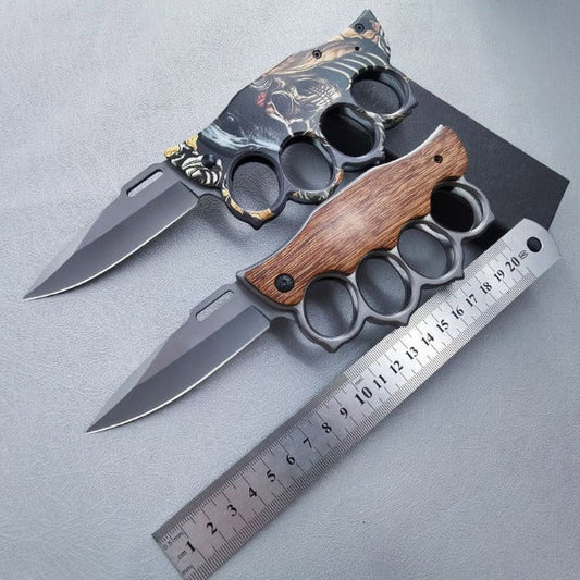 Outdoor Self Defense Folding Knife with Wooden Handle and Knuckle Protection