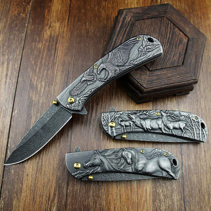 Sheep Eagle and Horse Pattern Handle Folding Knife for Hunting and Outdoor Use