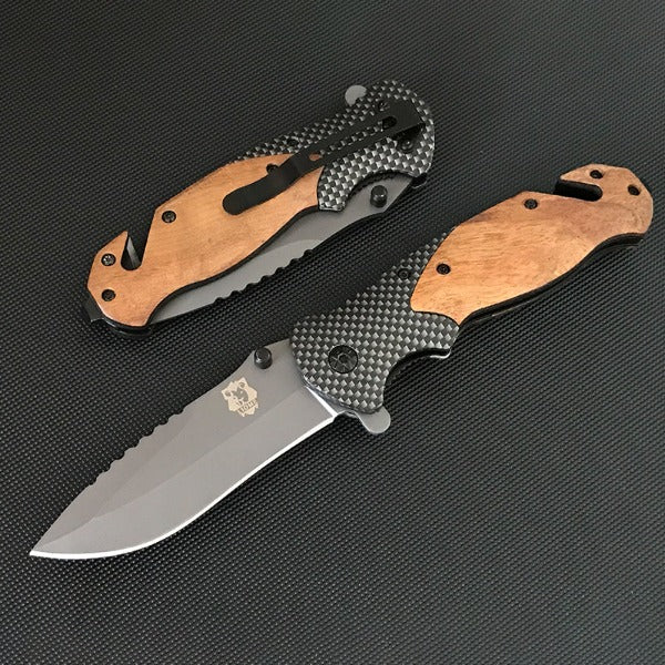 Liome X50 Tactical Folding Blade Knife with Wood Grip for Survival and Camping