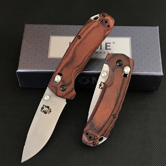 Liome Folding Knife for Tactical Use with Wood Handle and Stonewashed Blade