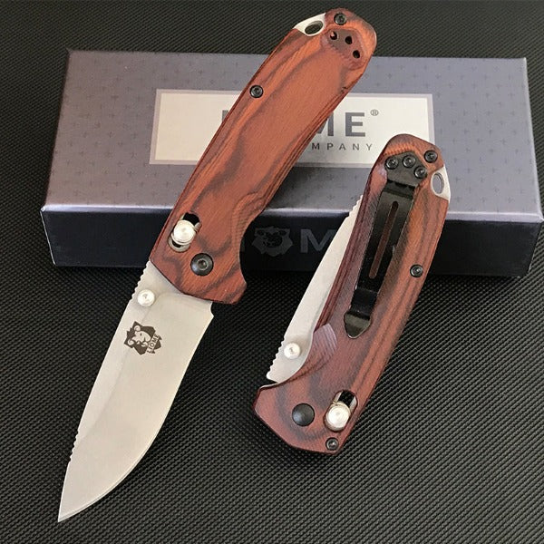 Liome Folding Knife for Tactical Use with Wood Handle and Stonewashed Blade