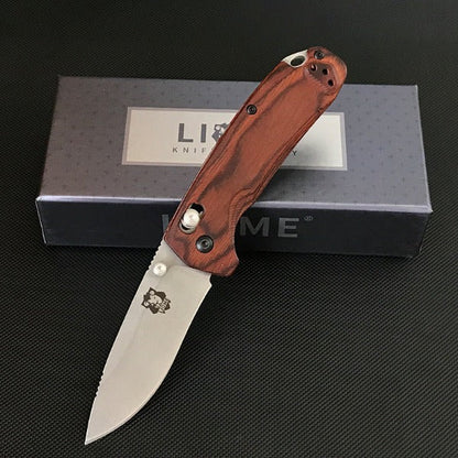 Liome Folding Knife for Tactical Use with Wood Handle and Stonewashed Blade