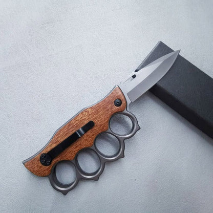 Outdoor Self Defense Folding Knife with Wooden Handle and Knuckle Protection