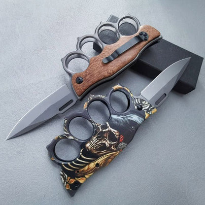 Outdoor Self Defense Folding Knife with Wooden Handle and Knuckle Protection
