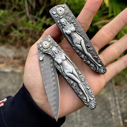 Vintage Handle Folding Knife with Premium Damascus Steel Blade