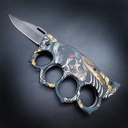 Folding Knife with 3D Ghost Head and Knuckle Duster