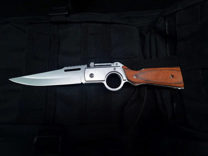 AK47-Themed Folding Knife with Elegant Wood Grain Handle
