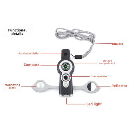 7-in-1 Outdoor MultiWhistle with Survival Features LED Compass and Thermometer